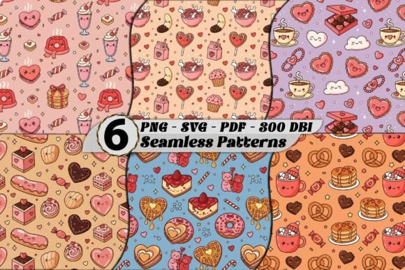Kawaii Valentine Sweets Patterns Bundle: Graphics & Patterns