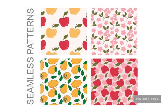 Seamless Patterns with Flowers, Fruits Graphics